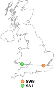 map showing distance between SW8 and SA1