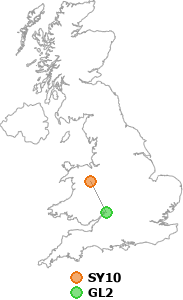 map showing distance between SY10 and GL2