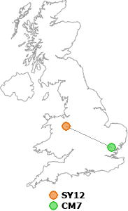 map showing distance between SY12 and CM7