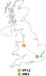map showing distance between SY12 and SW2