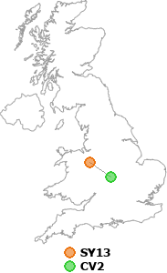map showing distance between SY13 and CV2