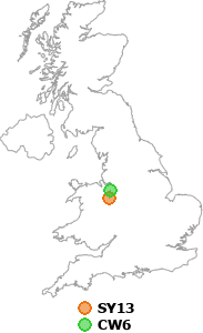 map showing distance between SY13 and CW6