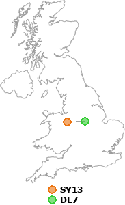 map showing distance between SY13 and DE7