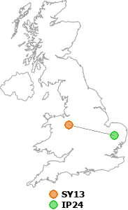 map showing distance between SY13 and IP24