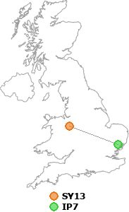 map showing distance between SY13 and IP7