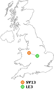 map showing distance between SY13 and LE3
