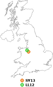 map showing distance between SY13 and LL12