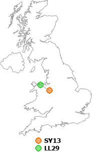 map showing distance between SY13 and LL29