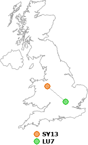 map showing distance between SY13 and LU7