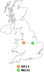 map showing distance between SY13 and NG31