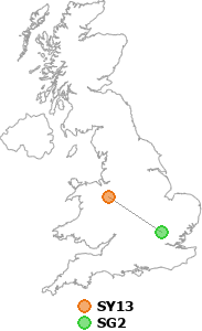 map showing distance between SY13 and SG2
