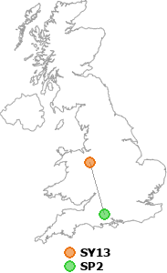 map showing distance between SY13 and SP2
