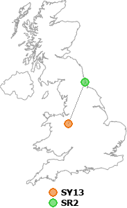 map showing distance between SY13 and SR2