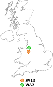 map showing distance between SY13 and WA2