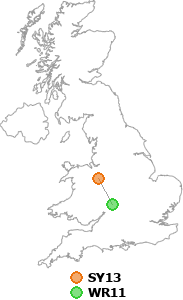 map showing distance between SY13 and WR11