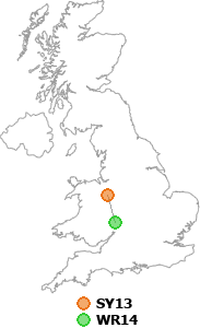 map showing distance between SY13 and WR14