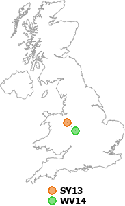 map showing distance between SY13 and WV14