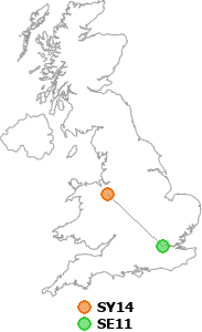map showing distance between SY14 and SE11