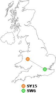 map showing distance between SY15 and SW6