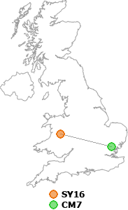 map showing distance between SY16 and CM7