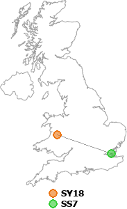 map showing distance between SY18 and SS7