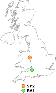 map showing distance between SY2 and BA1