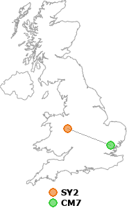 map showing distance between SY2 and CM7