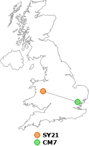 map showing distance between SY21 and CM7