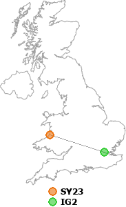 map showing distance between SY23 and IG2