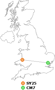 map showing distance between SY25 and CM7