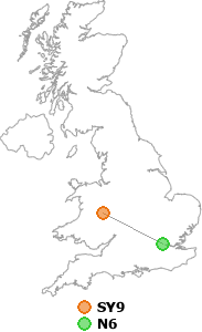 map showing distance between SY9 and N6