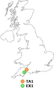 map showing distance between TA1 and EX1