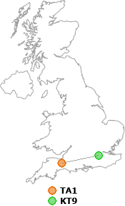 map showing distance between TA1 and KT9