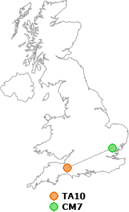 map showing distance between TA10 and CM7