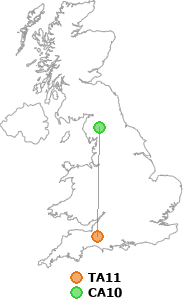 map showing distance between TA11 and CA10