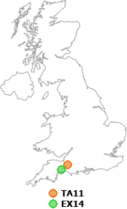 map showing distance between TA11 and EX14