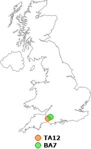 map showing distance between TA12 and BA7