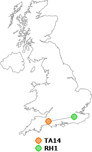 map showing distance between TA14 and RH1