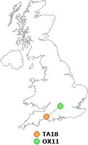 map showing distance between TA18 and OX11