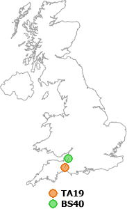 map showing distance between TA19 and BS40