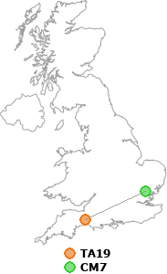 map showing distance between TA19 and CM7