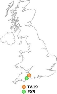 map showing distance between TA19 and EX9