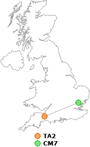 map showing distance between TA2 and CM7