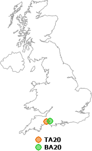 map showing distance between TA20 and BA20