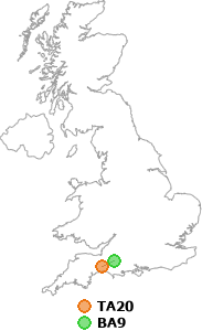 map showing distance between TA20 and BA9