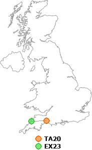 map showing distance between TA20 and EX23