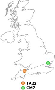 map showing distance between TA22 and CM7