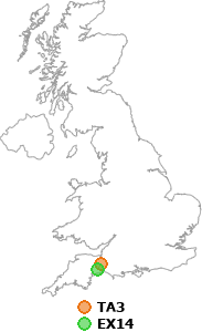 map showing distance between TA3 and EX14