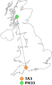map showing distance between TA3 and PH33