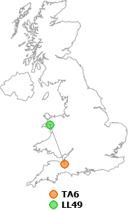 map showing distance between TA6 and LL49